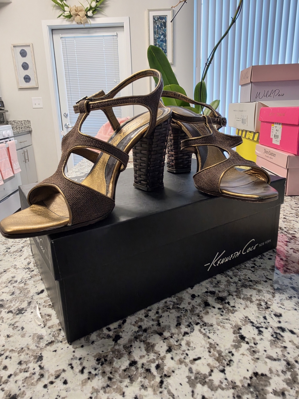 Kenneth Cole Metallic Brown Strappy Block Heel Sandals